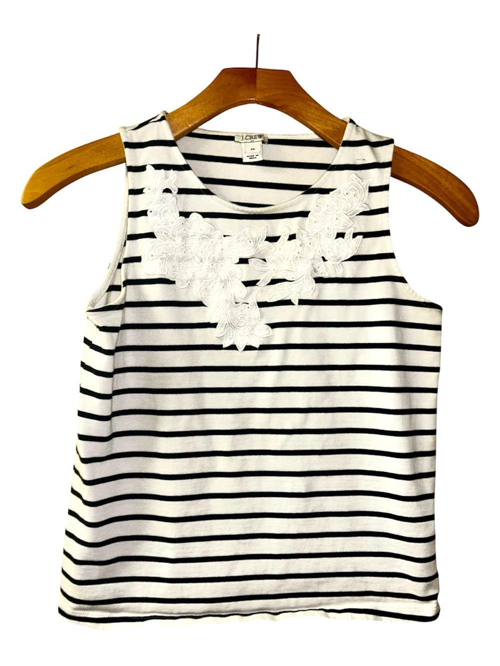J. Crew White & Blue Striped Sleeveless Top with Lace Appliqué
